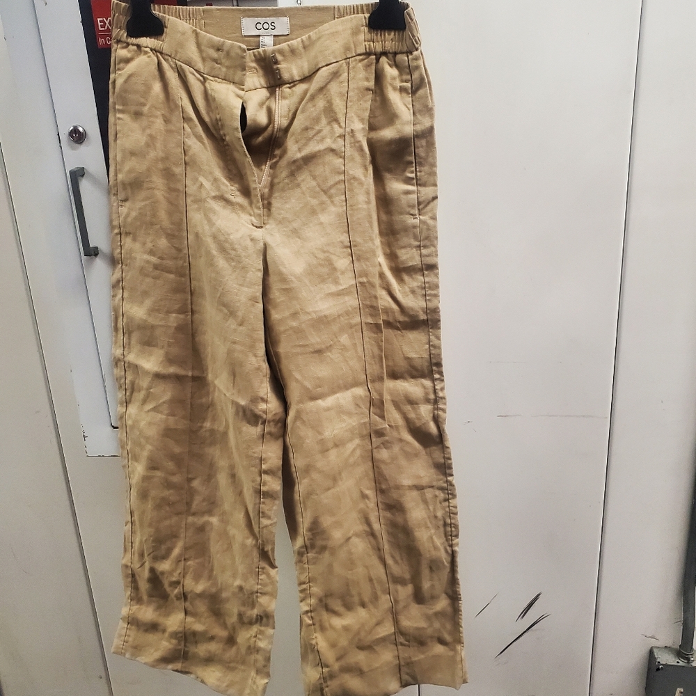 Cos Neutral Beige Linen Blend Pleat Front Straight Wide Leg Trousers Size 2